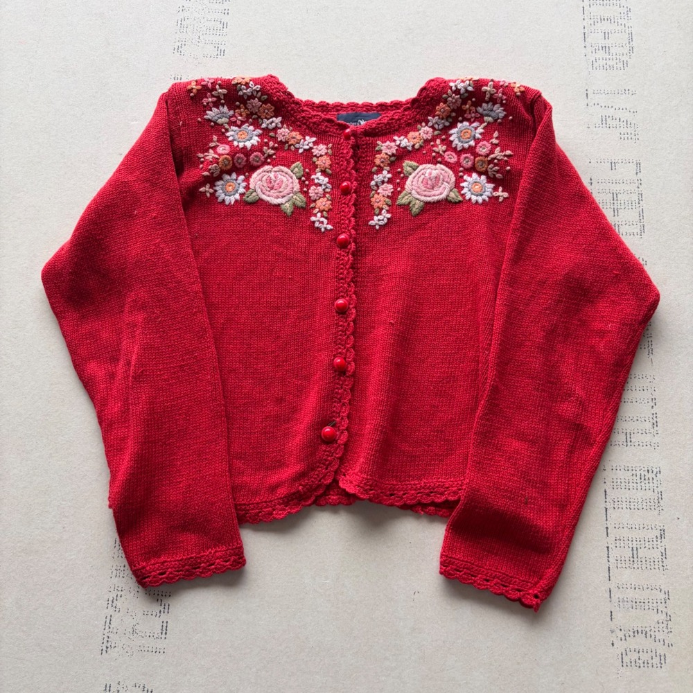 Vintage Hunters Run Red Floral Embroidered Cardigan Sweater